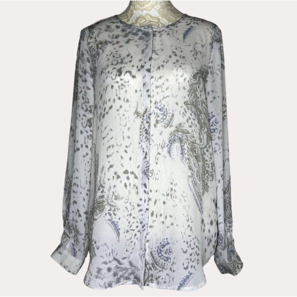 belissimo white blue gray Sheer blouse Long Sleeve Paisley Chiffon Small